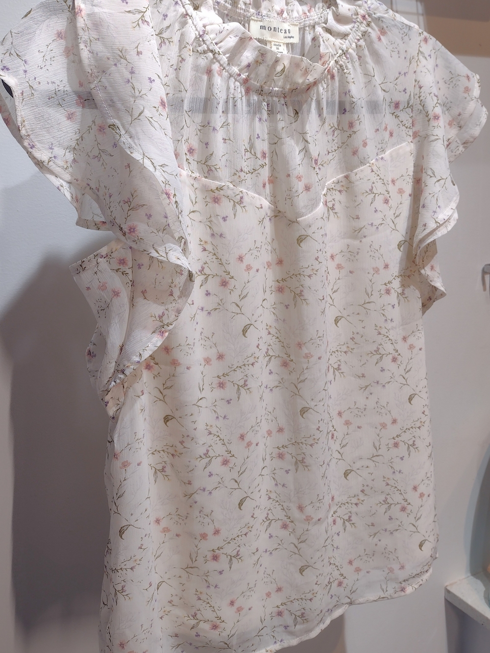 Last Chance Monteau Cream Floral Ruffle-Sleeve Blouse (Sz S) Garden Feminine - Picture 4 of 10